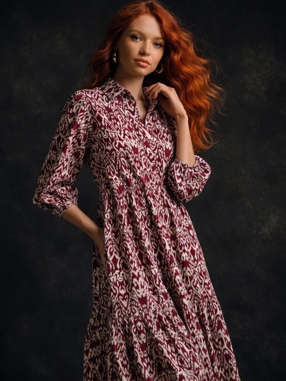 Maeve Anthropologie Button-Front Midi Dress in Burgundy and White